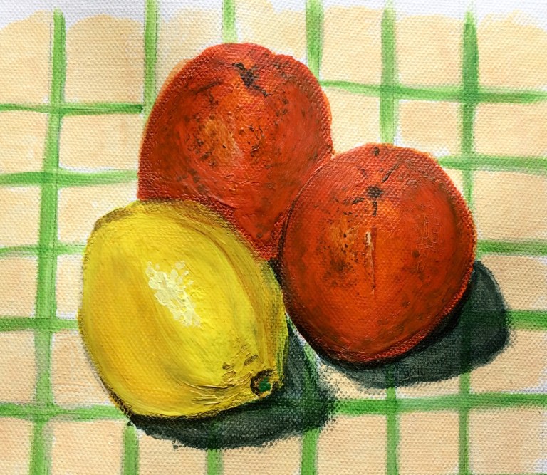Oranges and lemons on tablecloth in acrylics