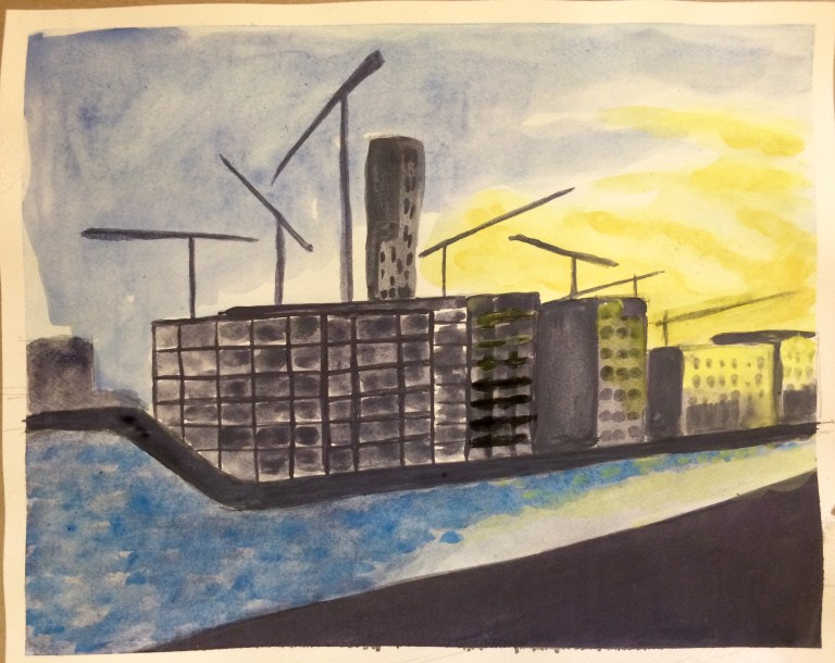 Watercolour painting of the sunset over capital dock