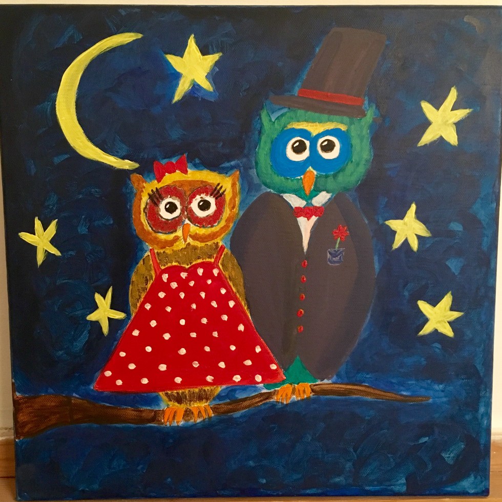 Colourful owls in a tree - acrylic painting on canvas