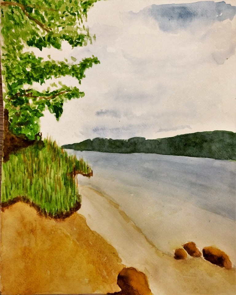 Watercolour painting of Lac du Chalain in the Jura region of France.