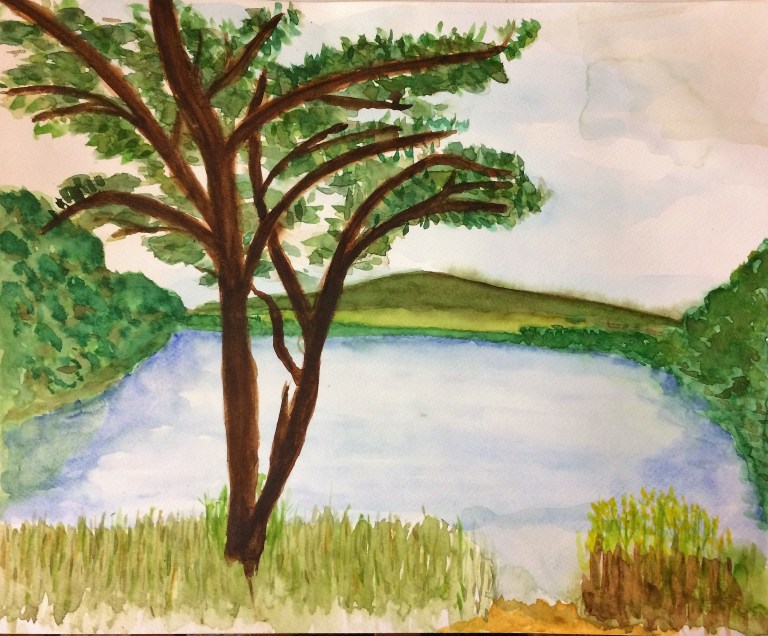Watercolour painting of Lac du Chalain in the Jura region of France.