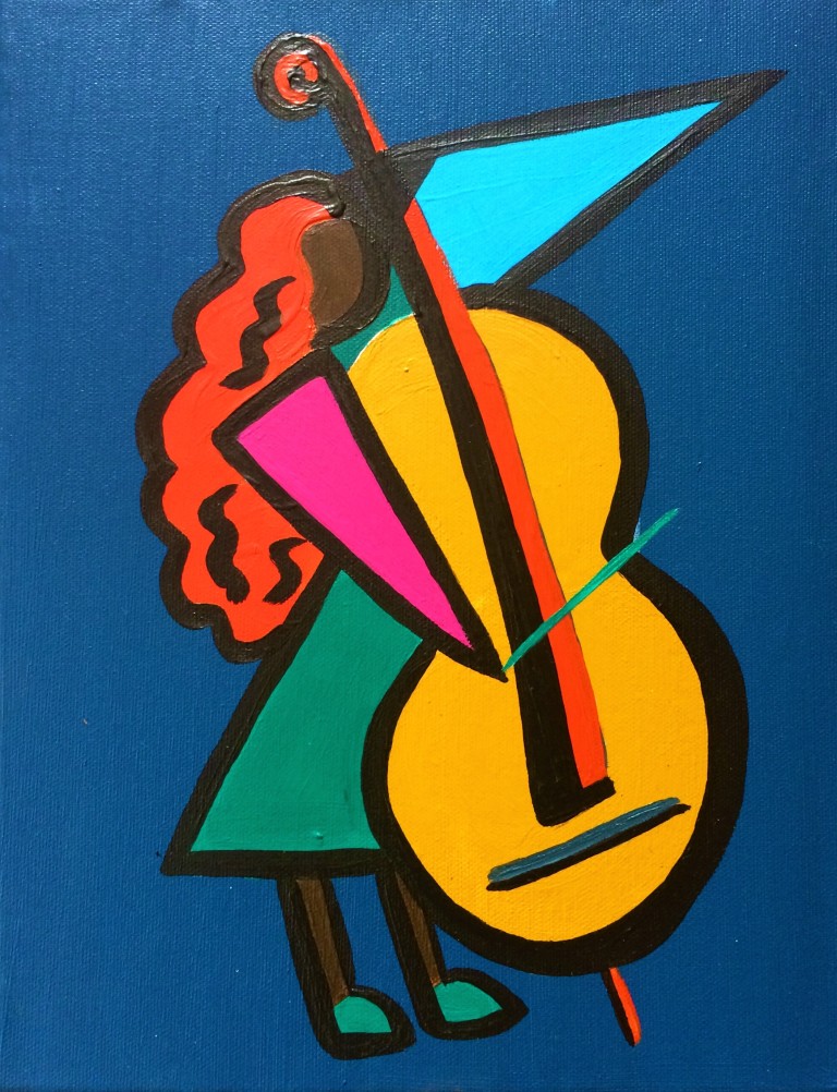 Painting of a cellist in geometric shapes in acrylics on canvas