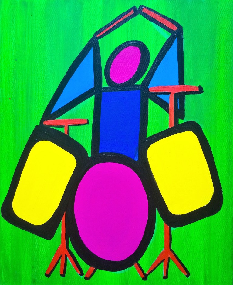 Painting of a drummer in geometric shapes in acrylics on canvas
