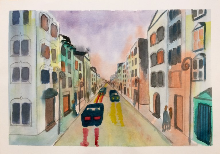Watercolour painting of a city street at nightfall